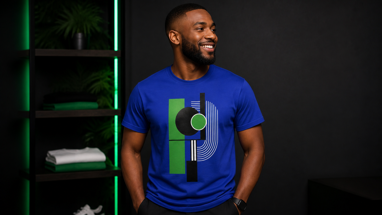 The customer wearing the finished original geometric design on a royal-blue shirt